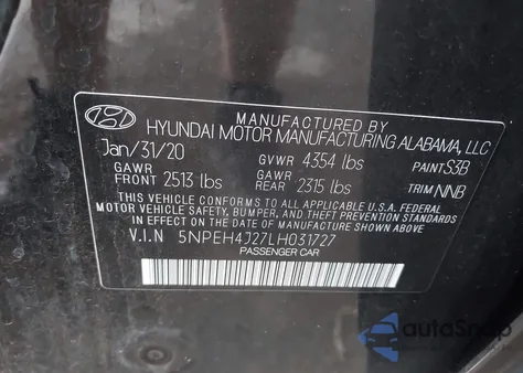 2020 Hyundai Sonata Limited from USA, damaged, VIN 5NPEH4J27LH031727